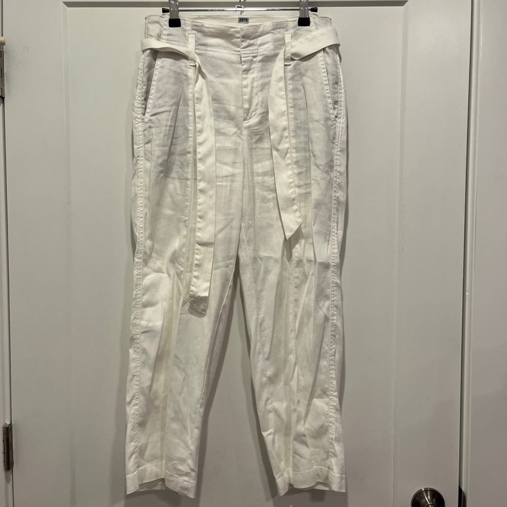 Level 99 White Linen Blend Tie Waist Straight Leg Cropped Pants Womens 27